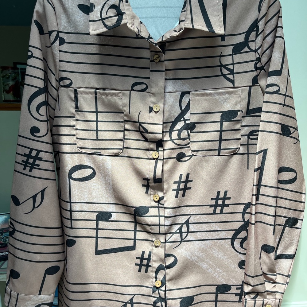 Beige & Black Musical Note Blouse - Size M - NWOT